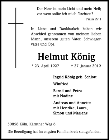 Anzeige von Helmut König von Kölner Stadt-Anzeiger / Kölnische Rundschau / Express