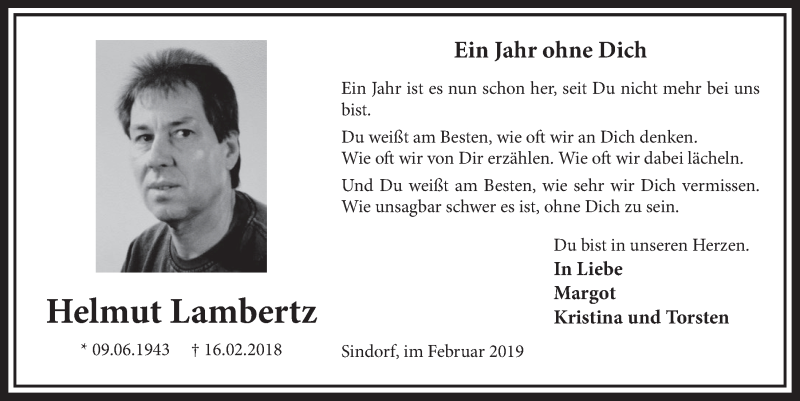  Traueranzeige für Helmut Lambertz vom 16.02.2019 aus  Sonntags-Post 