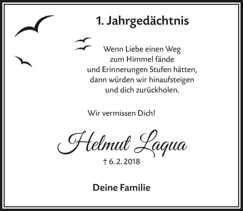  Traueranzeige für Helmut Laqua vom 06.02.2019 aus  Bergisches Handelsblatt 