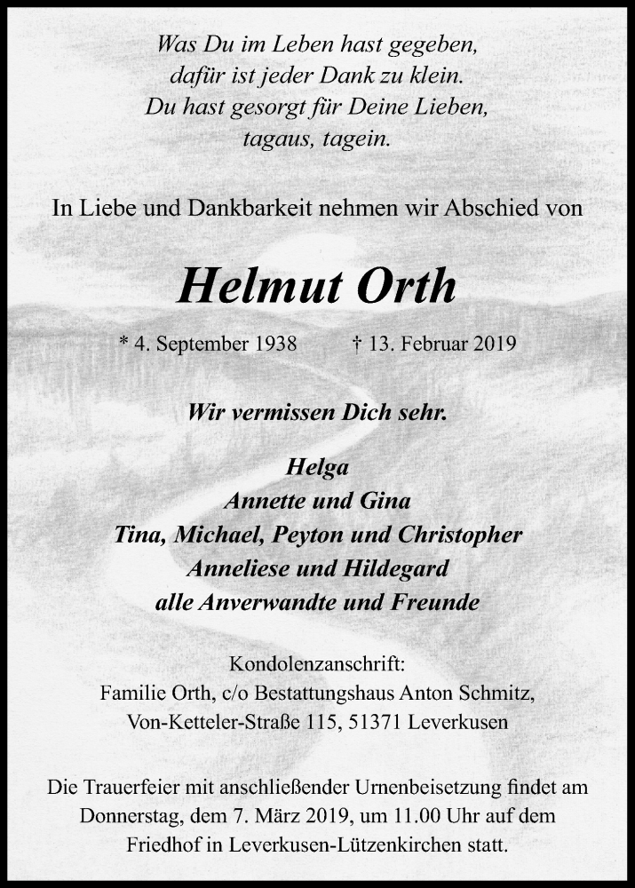  Traueranzeige für Helmut Orth vom 27.02.2019 aus Kölner Stadt-Anzeiger / Kölnische Rundschau / Express
