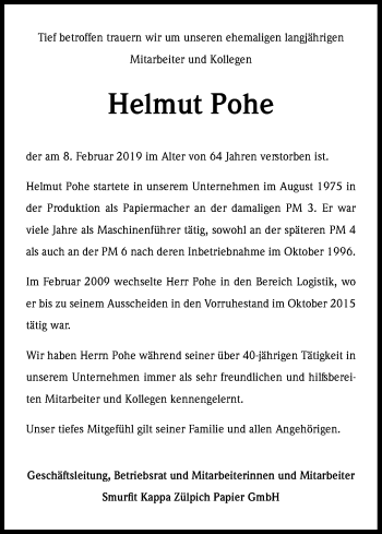 Anzeige von Helmut Pohe von Kölner Stadt-Anzeiger / Kölnische Rundschau / Express