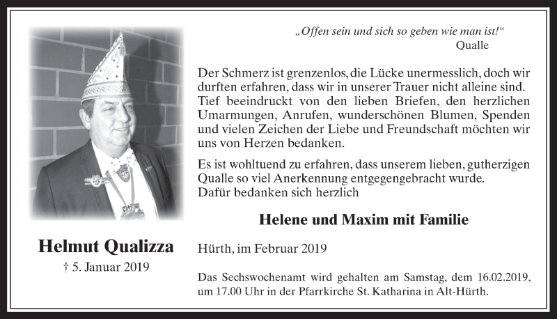  Traueranzeige für Helmut Qualizza vom 06.02.2019 aus  Wochenende 