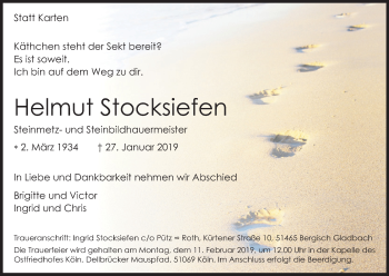 Anzeige von Helmut Stocksiefen von Kölner Stadt-Anzeiger / Kölnische Rundschau / Express