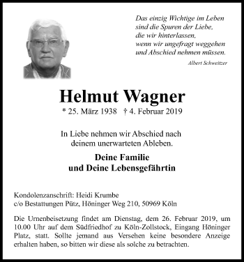 Anzeige von Helmut Wagner von Kölner Stadt-Anzeiger / Kölnische Rundschau / Express