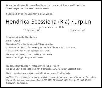 Anzeige von Hendrika Geessiena  Kurpiun von Kölner Stadt-Anzeiger / Kölnische Rundschau / Express