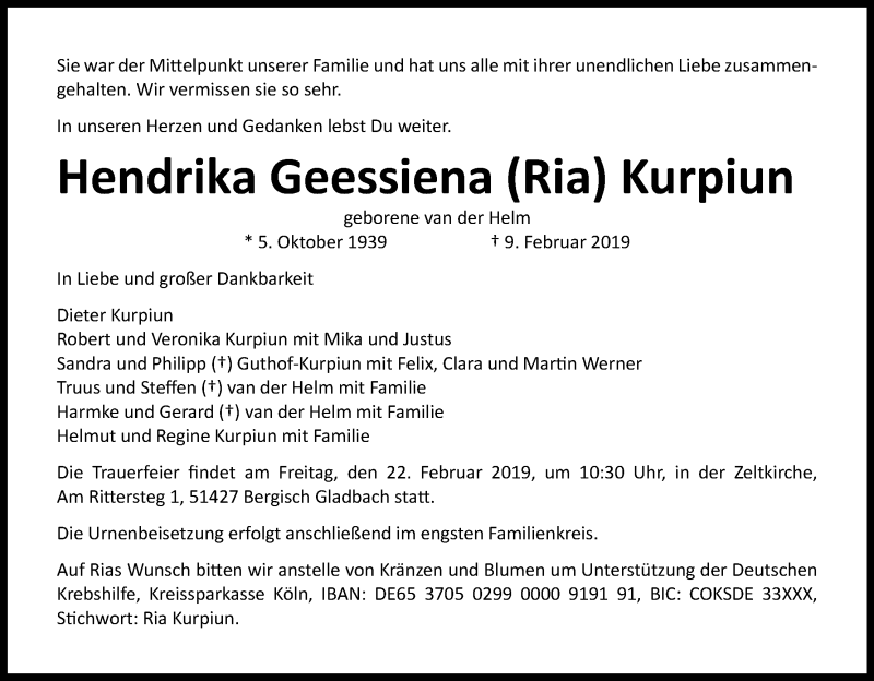  Traueranzeige für Hendrika Geessiena  Kurpiun vom 19.02.2019 aus Kölner Stadt-Anzeiger / Kölnische Rundschau / Express