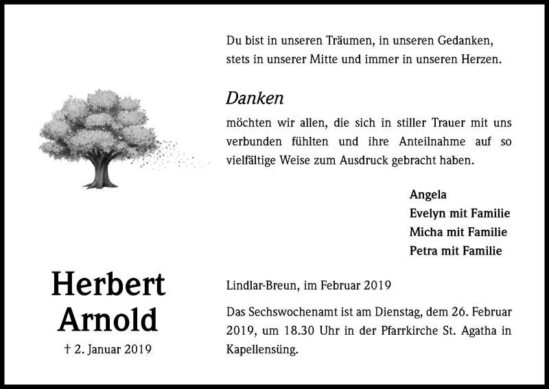  Traueranzeige für Herbert Arnold vom 23.02.2019 aus Kölner Stadt-Anzeiger / Kölnische Rundschau / Express