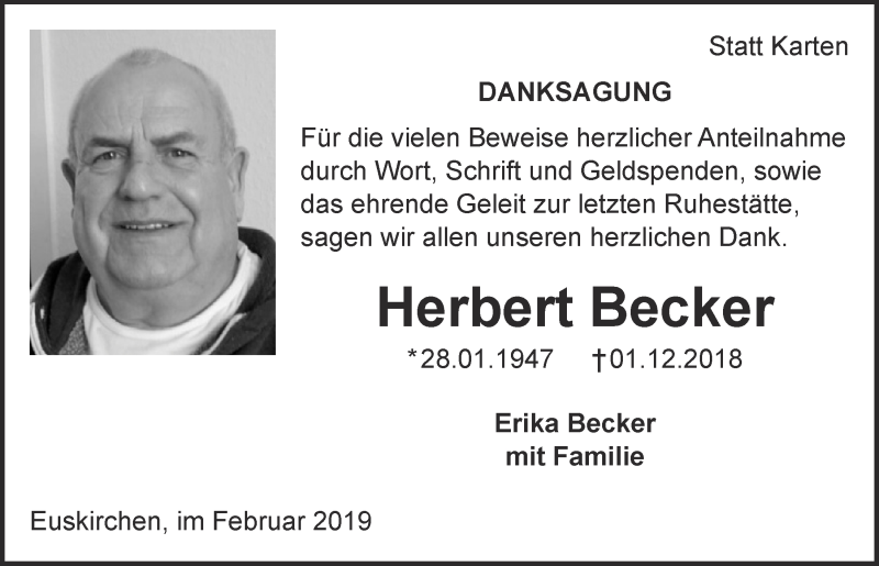  Traueranzeige für Herbert Becker vom 09.02.2019 aus  Blickpunkt Euskirchen 