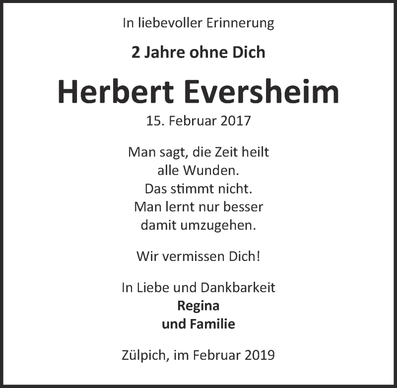  Traueranzeige für Herbert Eversheim vom 09.02.2019 aus  Blickpunkt Euskirchen 