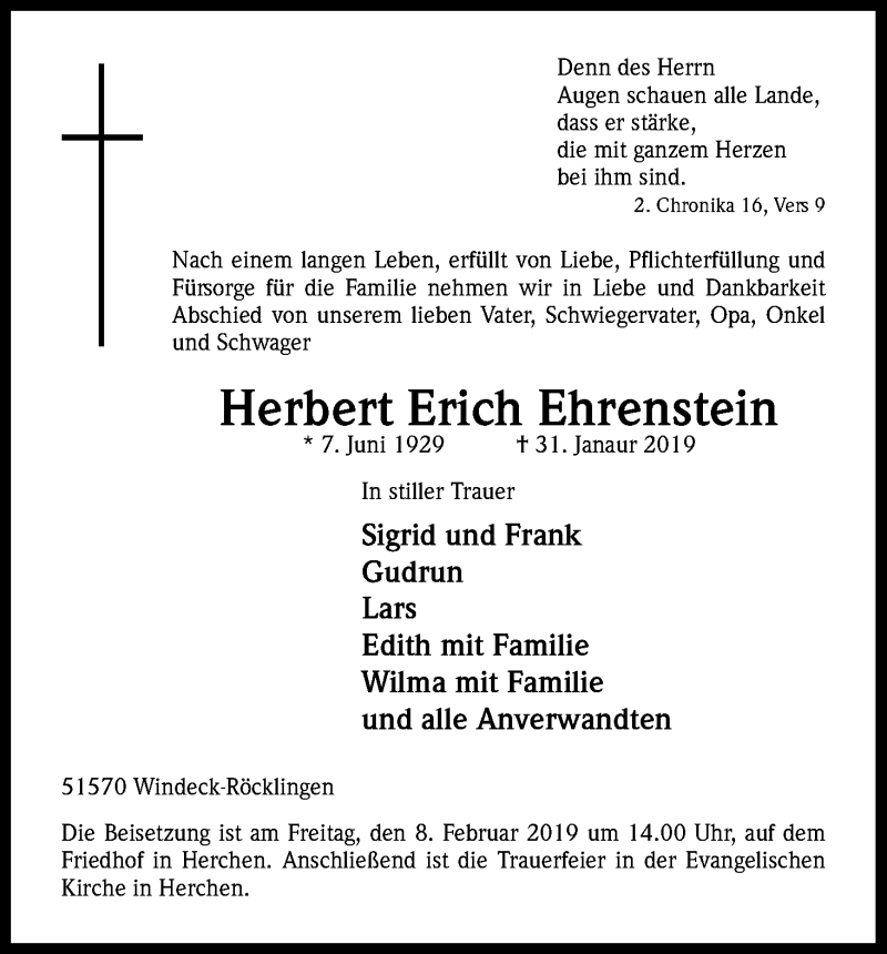  Traueranzeige für Herbert Erich Ehrenstein vom 06.02.2019 aus Kölner Stadt-Anzeiger / Kölnische Rundschau / Express