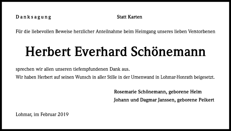  Traueranzeige für Herbert Everhard Schönemann vom 16.02.2019 aus Kölner Stadt-Anzeiger / Kölnische Rundschau / Express