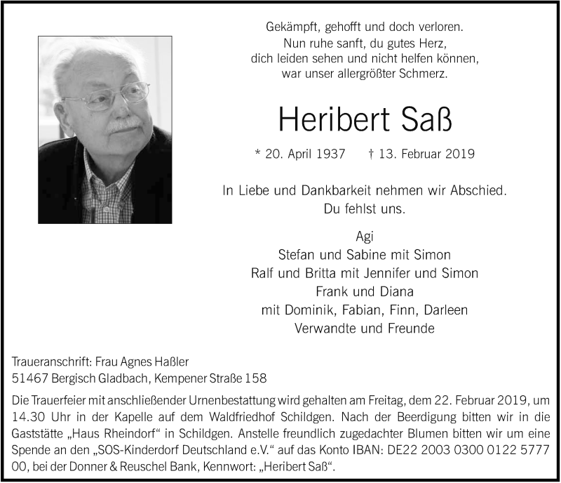  Traueranzeige für Heribert Saß vom 20.02.2019 aus  Bergisches Handelsblatt 