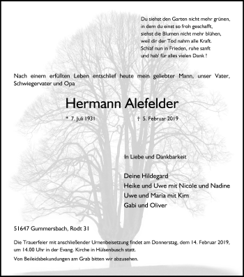 Anzeige von Hermann Alefelder von Kölner Stadt-Anzeiger / Kölnische Rundschau / Express