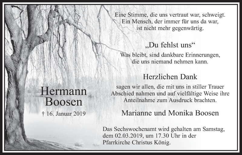  Traueranzeige für Hermann Boosen vom 23.02.2019 aus  Sonntags-Post 