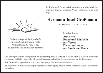 Anzeige von Hermann-Josef Großmann von  Sonntags-Post 