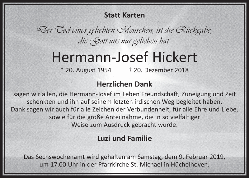  Traueranzeige für Hermann-Josef Hickert vom 02.02.2019 aus  Sonntags-Post 