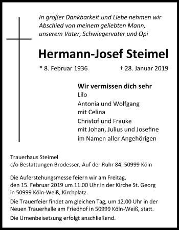 Anzeige von Hermann-Josef Steimel von Kölner Stadt-Anzeiger / Kölnische Rundschau / Express