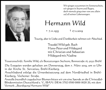 Anzeige von Hermann Wild von Kölner Stadt-Anzeiger / Kölnische Rundschau / Express