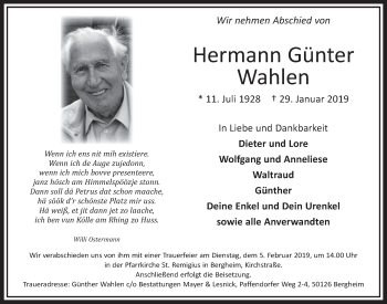 Anzeige von Hermann Günter Wahlen von  Sonntags-Post 