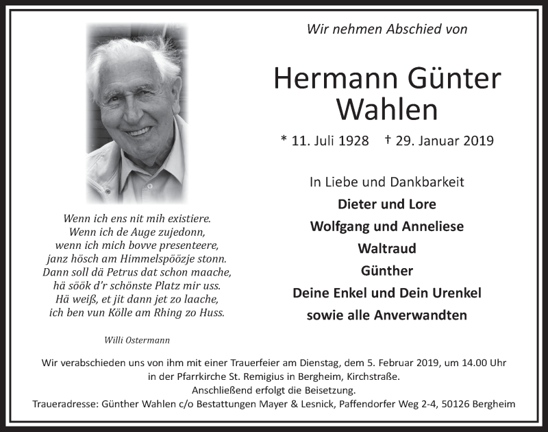  Traueranzeige für Hermann Günter Wahlen vom 02.02.2019 aus  Sonntags-Post 