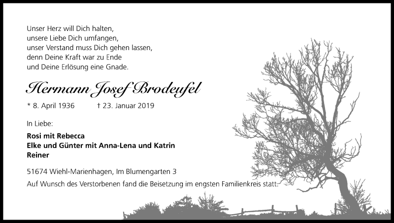  Traueranzeige für Hermann Josef Brodeufel vom 09.02.2019 aus Kölner Stadt-Anzeiger / Kölnische Rundschau / Express