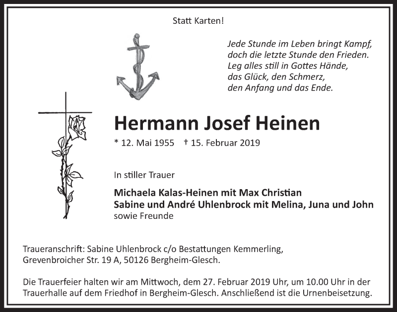  Traueranzeige für Hermann Josef Heinen vom 23.02.2019 aus  Sonntags-Post 