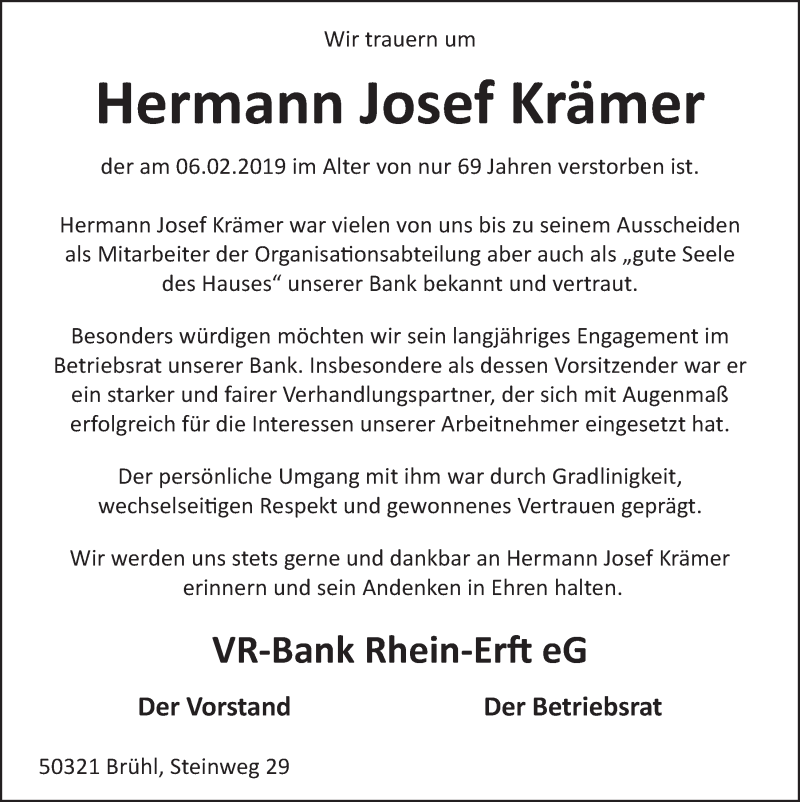  Traueranzeige für Hermann Josef Krämer vom 13.02.2019 aus  Schlossbote/Werbekurier 