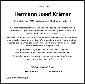 Anzeige von Hermann Josef Krämer von Kölner Stadt-Anzeiger / Kölnische Rundschau / Express