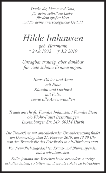 Anzeige von Hilde Imhausen von  Wochenende 
