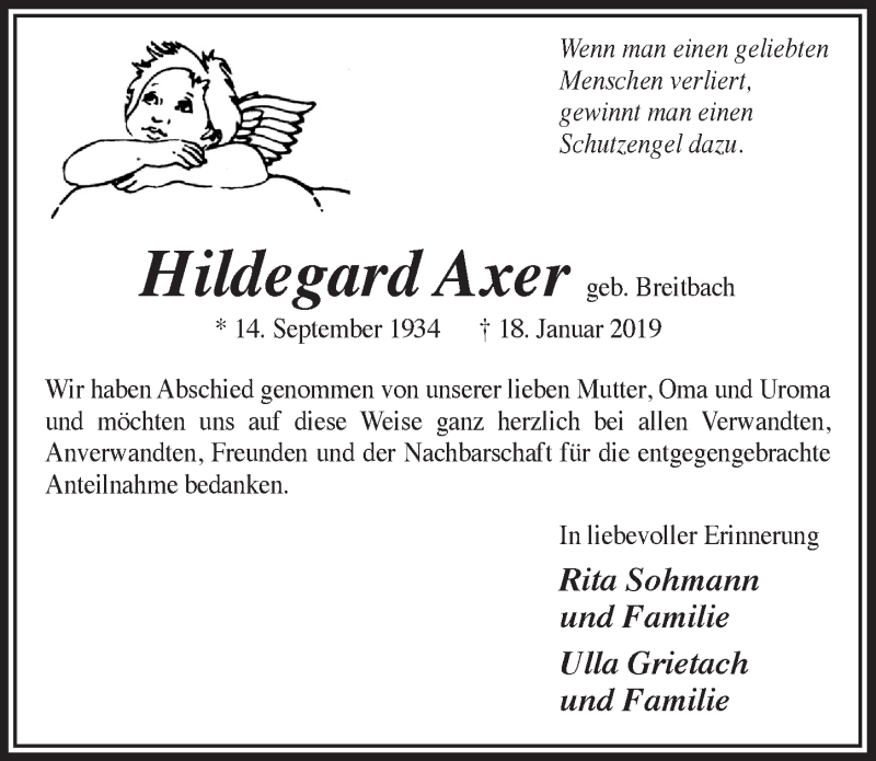  Traueranzeige für Hildegard Axer vom 20.02.2019 aus  Schaufenster/Blickpunkt 