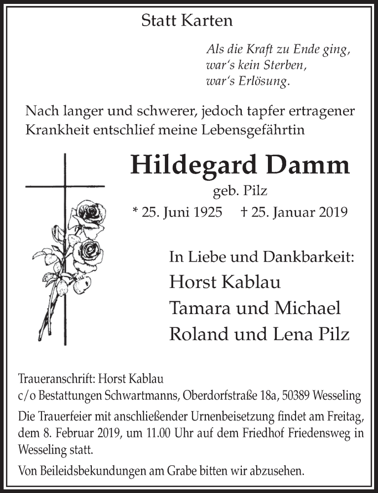  Traueranzeige für Hildegard Damm vom 06.02.2019 aus  Schlossbote/Werbekurier 