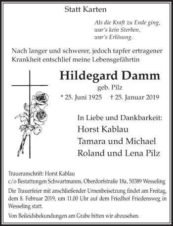 Anzeige von Hildegard Damm von  Schlossbote/Werbekurier 