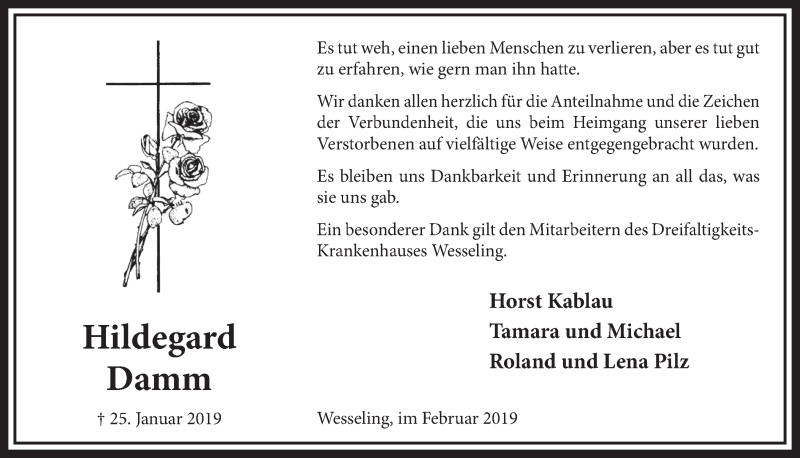  Traueranzeige für Hildegard Damm vom 20.02.2019 aus  Schlossbote/Werbekurier 