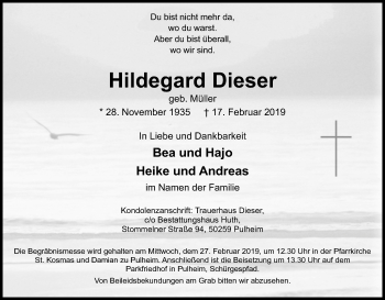 Anzeige von Hildegard Dieser von Kölner Stadt-Anzeiger / Kölnische Rundschau / Express