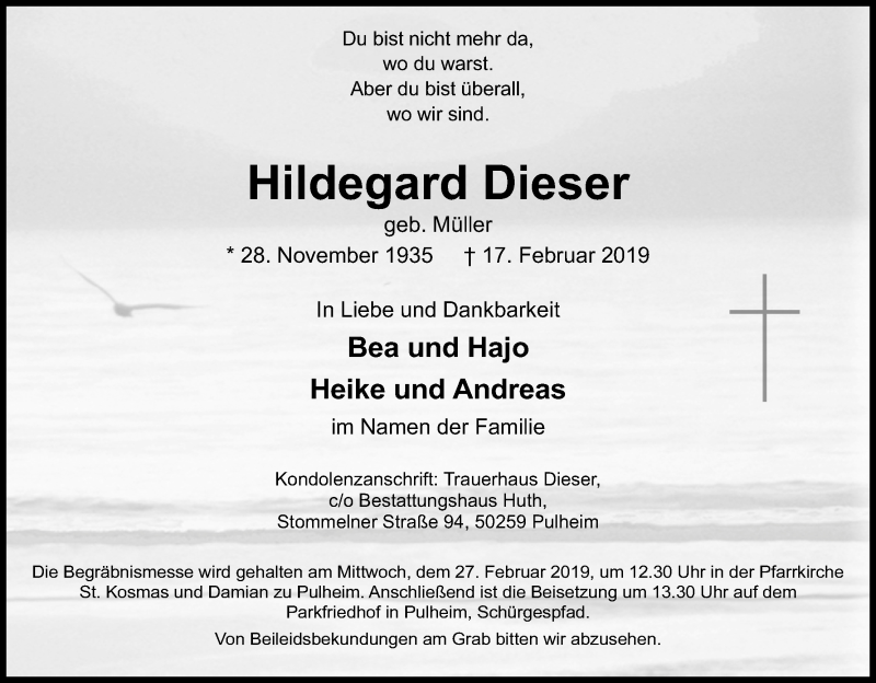  Traueranzeige für Hildegard Dieser vom 23.02.2019 aus Kölner Stadt-Anzeiger / Kölnische Rundschau / Express