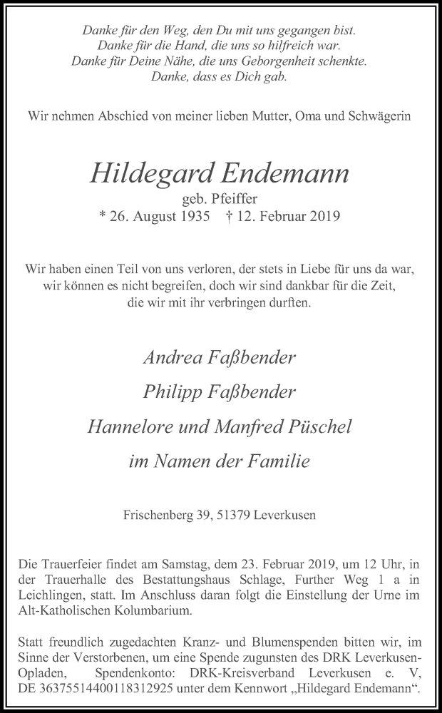  Traueranzeige für Hildegard Endemann vom 16.02.2019 aus Kölner Stadt-Anzeiger / Kölnische Rundschau / Express