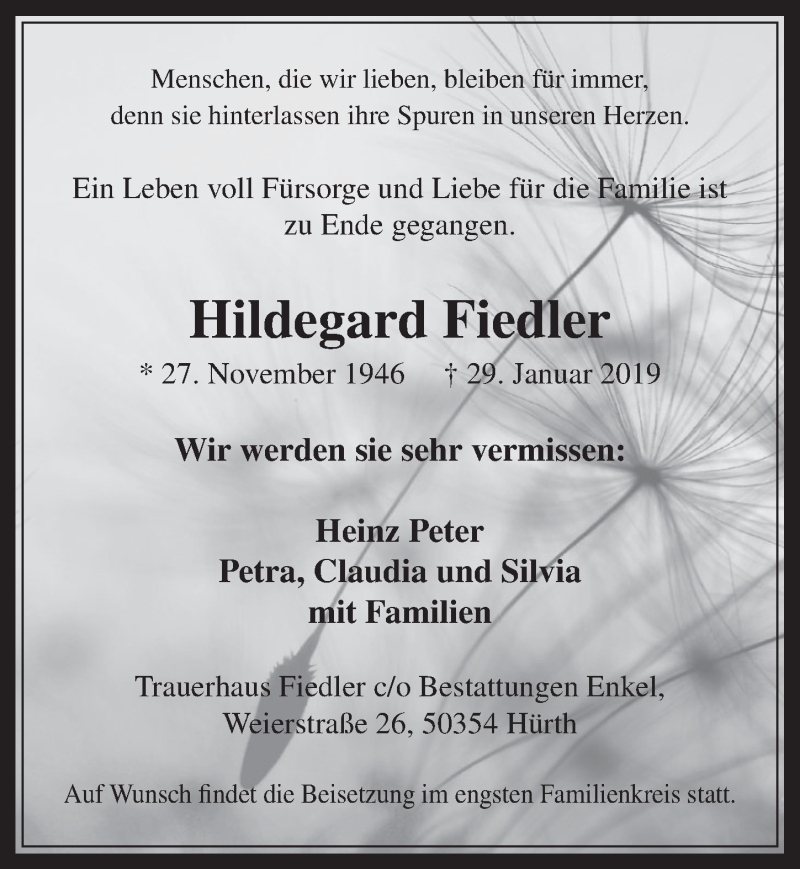  Traueranzeige für Hildegard Fiedler vom 06.02.2019 aus  Wochenende 