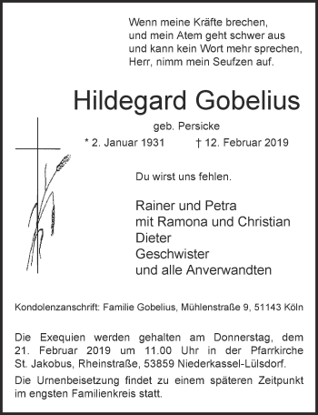 Anzeige von Hildegard Gobelius von  Extra Blatt 