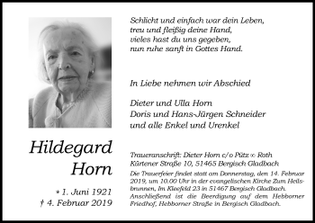 Anzeige von Hildegard Horn von Kölner Stadt-Anzeiger / Kölnische Rundschau / Express