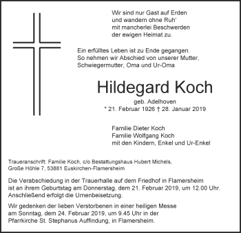 Anzeige von Hildegard Koch von  Blickpunkt Euskirchen 