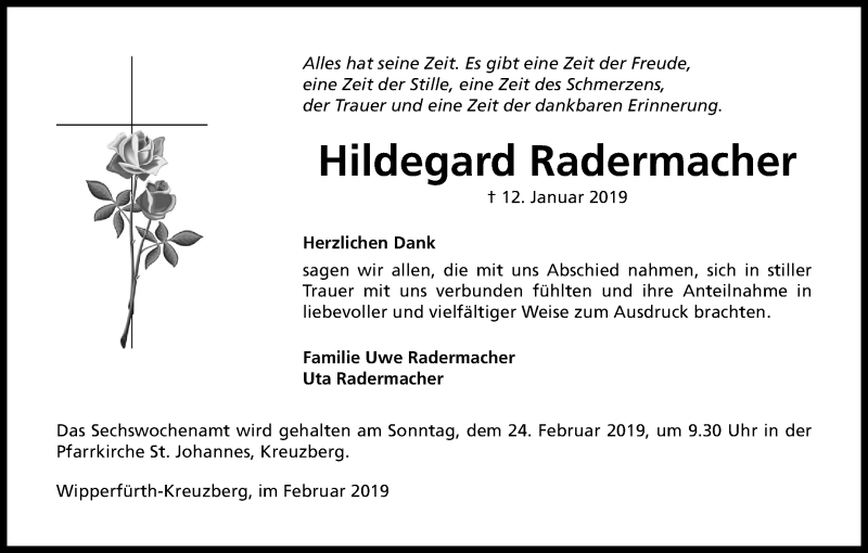  Traueranzeige für Hildegard Radermacher vom 09.02.2019 aus Kölner Stadt-Anzeiger / Kölnische Rundschau / Express