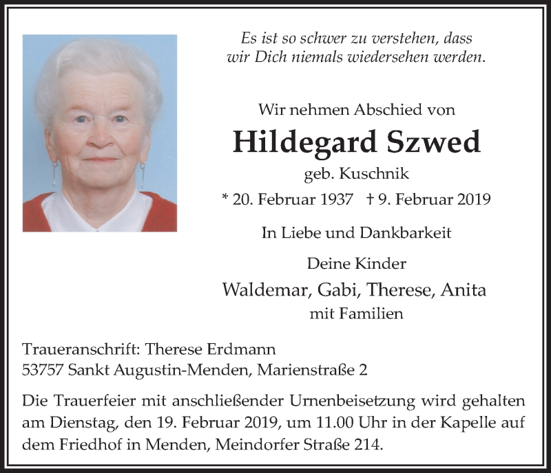  Traueranzeige für Hildegard Szwed vom 16.02.2019 aus Kölner Stadt-Anzeiger / Kölnische Rundschau / Express