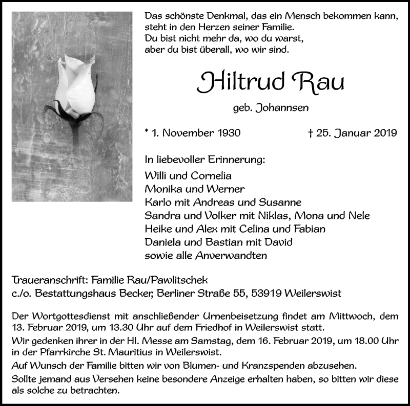  Traueranzeige für Hiltrud Rau vom 02.02.2019 aus Kölner Stadt-Anzeiger / Kölnische Rundschau / Express