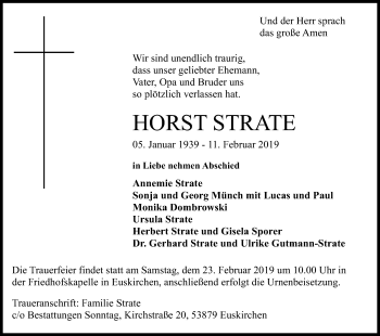 Anzeige von Horst Strate von Kölner Stadt-Anzeiger / Kölnische Rundschau / Express