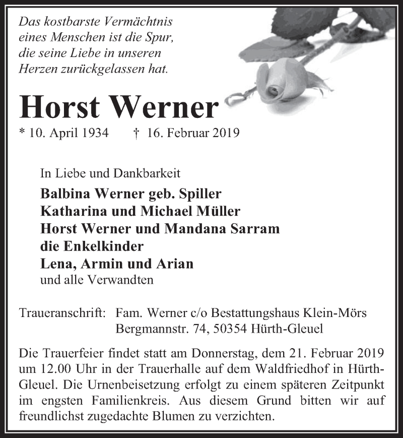 Traueranzeige für Horst Werner vom 20.02.2019 aus  Wochenende 