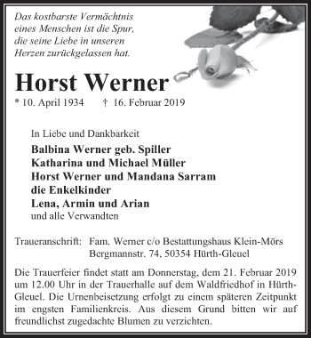 Anzeige von Horst Werner von  Wochenende 