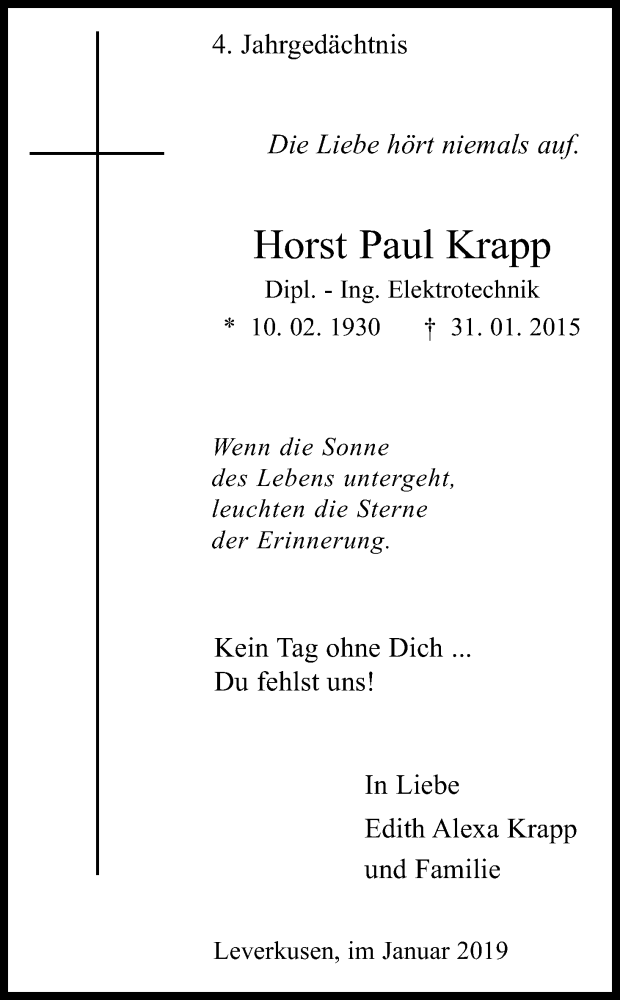 Traueranzeige für Horst Paul Krapp vom 02.02.2019 aus Kölner Stadt-Anzeiger / Kölnische Rundschau / Express