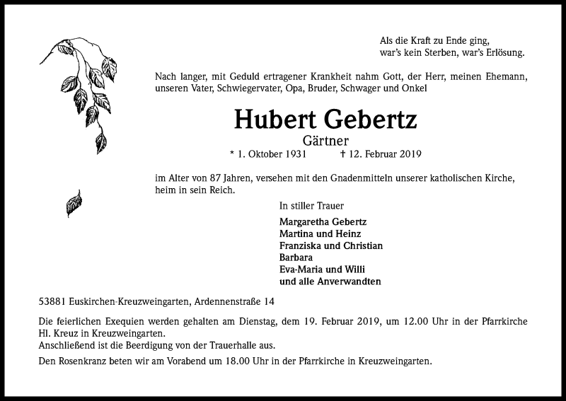  Traueranzeige für Hubert Gebertz vom 16.02.2019 aus Kölner Stadt-Anzeiger / Kölnische Rundschau / Express