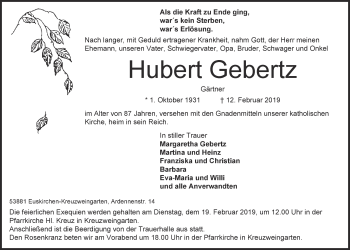 Anzeige von Hubert Gebertz von  Blickpunkt Euskirchen 