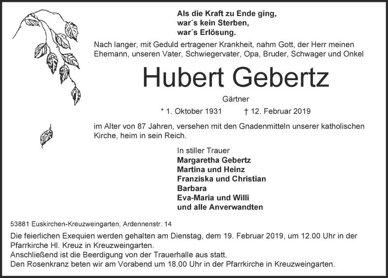  Traueranzeige für Hubert Gebertz vom 16.02.2019 aus  Blickpunkt Euskirchen 